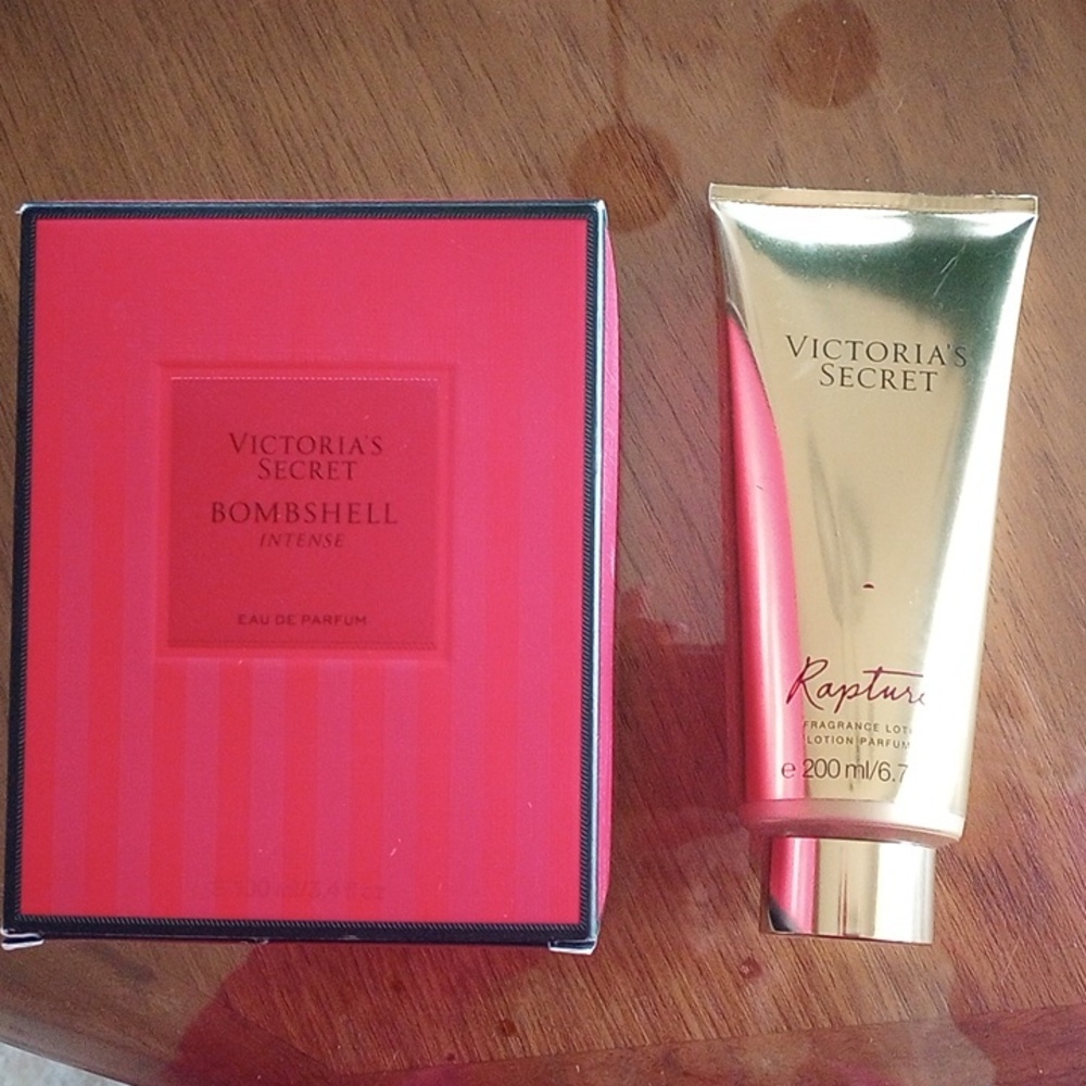 Victoria's Secret Bombshell Intense Perfume and Rapture Lotion.
